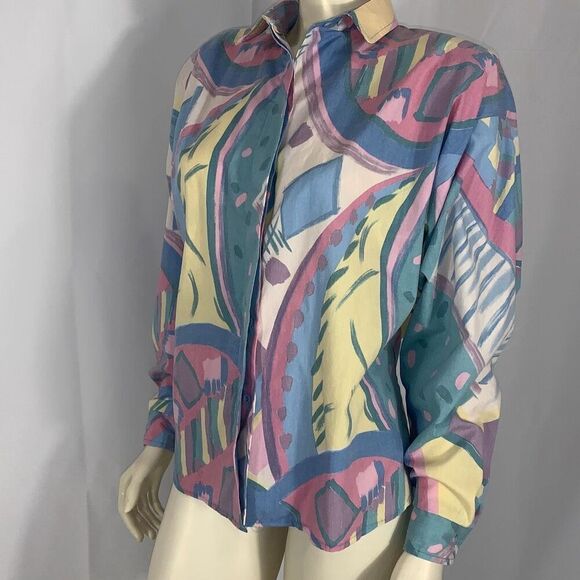 Vintage 80’s Unique Pastel Funky Print Bold Shoulder Button Down Long Sleeve Shi - Picture 8 of 16